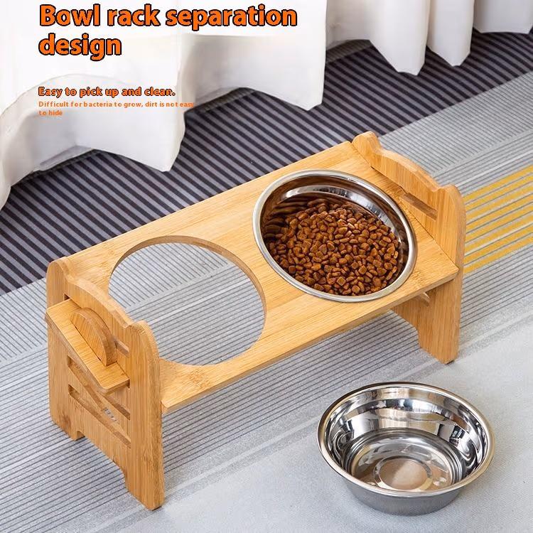 Wooden Elevated Cat and Dog Bowl Stand with 2 Steel Bowls