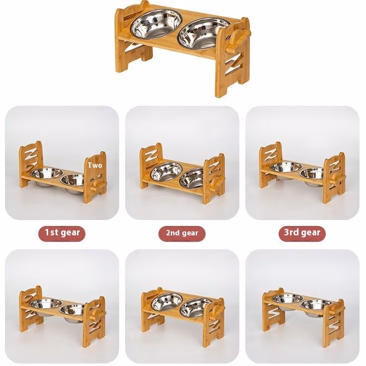 Wooden Elevated Cat and Dog Bowl Stand with 2 Steel Bowls